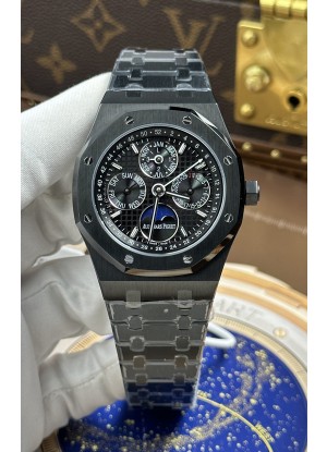 Reloj Royal Oak 26579CE con calendario perpetuo y cerámica negra, réplica de alta calidad