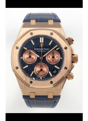 Reloj Royal Oak Chrono 26240, oro rosa, esfera azul, correa de cuero, superclon
