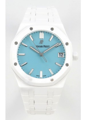 Reloj Royal Oak 15500 con esfera azul Tiffany y cerámica blanca, réplica perfecta