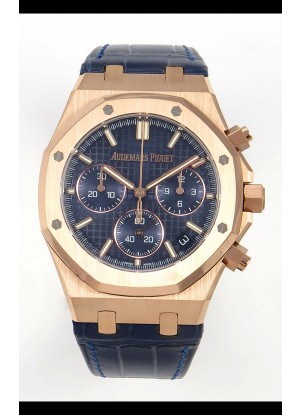 Reloj Royal Oak Chrono 26240, oro rosa, esfera azul, correa de cuero, superclon