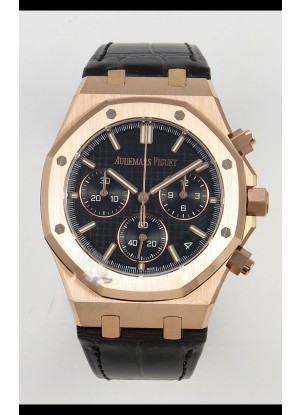 Reloj Royal Oak Chrono 26240, oro rosa, esfera negra, correa de cuero, superclon