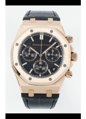 Reloj Royal Oak Chrono 26240, oro rosa, esfera negra, correa de cuero, superclon