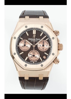 Reloj Royal Oak Chrono 26240, oro rosa, esfera marrón, correa de cuero, superclon