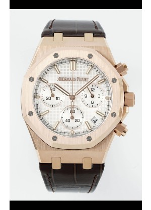 Reloj Royal Oak Chrono 26240, oro rosa, esfera blanca, correa de cuero, superclon