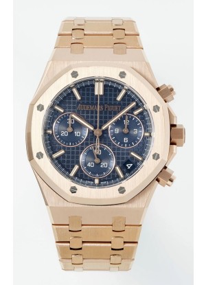Reloj Royal Oak Chrono 26240 con correa de oro rosa y esfera azul, réplica de alta calidad