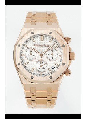 Reloj Royal Oak Chrono 26240 con correa de oro rosa y esfera blanca, réplica de alta calidad