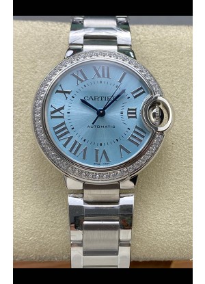 Reloj Ballon De Cartier automático con diamantes azul hielo y esfera de 36 mm, réplica exacta