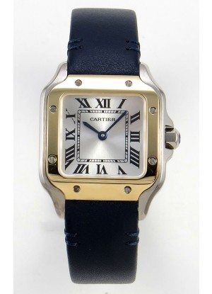 Reloj Cartier Santos Swiss Quartz de 27 mm con correa de cuero bicolor, réplica exacta