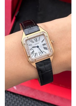 Reloj Cartier Santos Dumont con caja de oro rosa y diamantes, 27 mm, superclone