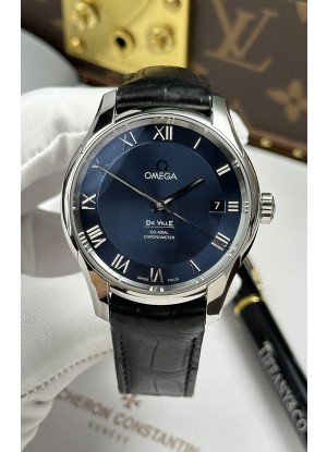 Reloj Omega De Ville Co-Axial de 41 mm con esfera azul y correa de cuero, réplica perfecta