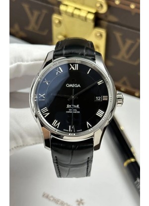 Reloj Omega De Ville Co-Axial de 41 mm con esfera negra y correa de cuero, réplica perfecta