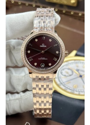 Reloj Omega De Ville automático 34 mm con esfera burdeos y caja de oro rosa, réplica de alta calidad