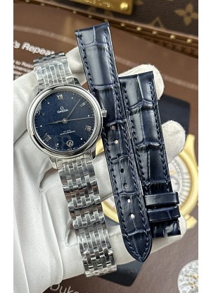 Reloj Omega De Ville automático de 34 mm con esfera azul y caja de acero, réplica exacta