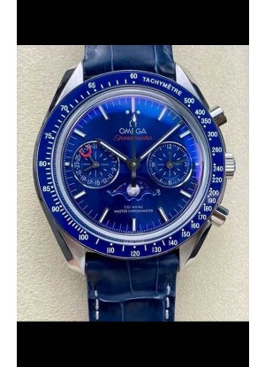 Reloj Omega Speedmaster Moonphase con esfera azul y correa de cuero, superclon