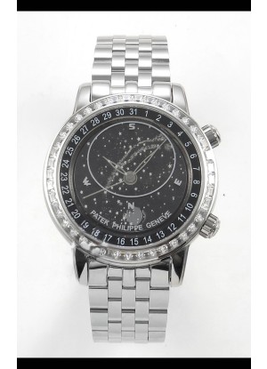 Reloj Patek Philippe Grand Complications 6102 con esfera negra y correa de acero, réplica de alta calidad