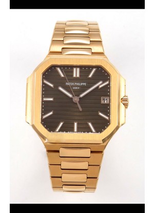 Reloj réplica suizo Patek Philippe Cubitus 7128 con caja de oro rosa y esfera marrón