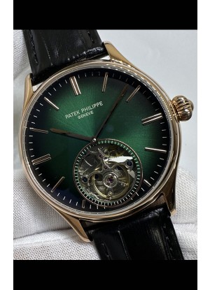 Reloj réplica japonés Patek Philippe Tourbillon de oro rosa con esfera verde