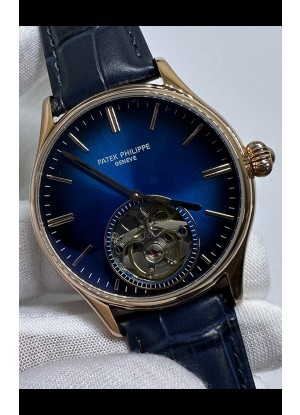 Reloj réplica japonés Patek Philippe Tourbillon de oro rosa con esfera azul