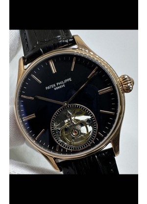 Reloj réplica japonés Patek Philippe Tourbillon de oro rosa con esfera negra