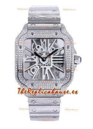 Santos De Cartier Reloj con Dial Skeleton - Bisel Diamante Caja y Correa en Acero Réplica Suiza