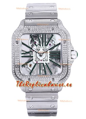 Santos De Cartier Reloj con Dial Skeleton - Bisel Diamante Caja y Correa en Acero Réplica Suiza