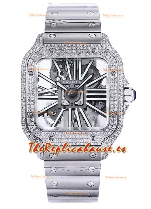 Santos De Cartier Reloj con Dial Skeleton - Bisel Diamante Caja y Correa en Acero Réplica Suiza