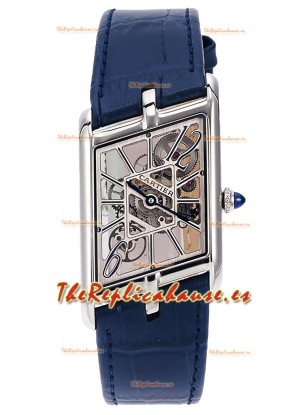 Cartier Tank Asymétrique Caja Acero Inoxidable Correa Azul Reloj en Correa de Piel Réplica Suiza
