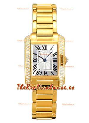Cartier Tank Anglaise Yellow Gold Watch in Steel Strap Bisel Diamantes Swiss Quartz Watch 30MM