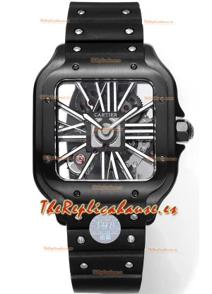 Santos De Cartier Reloj Dial Skeleton - Caja y Bisel Revestida en DLC Correa de Goma
