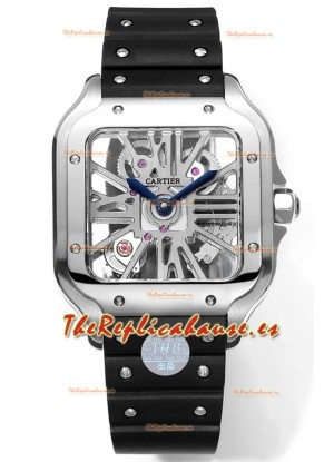 Santos De Cartier Reloj Dial Skeleton - Caja Acero Inoxidable y Bisel Negro Correa Goma