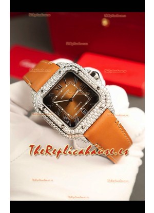 Santos De Cartier Watch in Dial Marrón 39.50MM  Bisel Pavimentado en Moissanitas Reloj Réplica Suizo