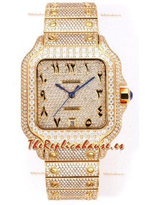 Cartier "Santos De Cartier" Oro Amarillo W/ Dial Diamantes Árabe Réplica Espejo 1:1 - 40MM - Diamantes Genuinos