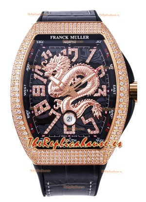 Franck Muller Vanguard Yachting Dragon V45 Dial Negro en Bisel Dorado Diamantes Réplica Suiza
