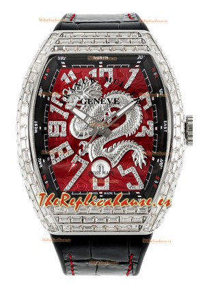 Franck Muller Vanguard Yachting Dragon V45 Dial Rojo con Bisel Cuadrado Diamantes Réplica Suiza