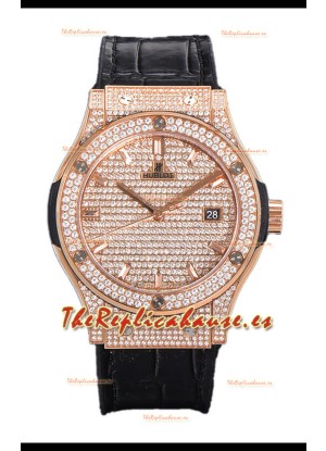 Hublot Classic Fusion Automático Dial Oro Rosado pavimentado en Diamantes Correa Negra 42MM Reloj Superclone Réplica 