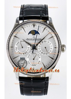 Jaeger LeCoultre Super Clone Master Ultra Thin Calendario Perpetuo Dial Blanco Diamonds Watch