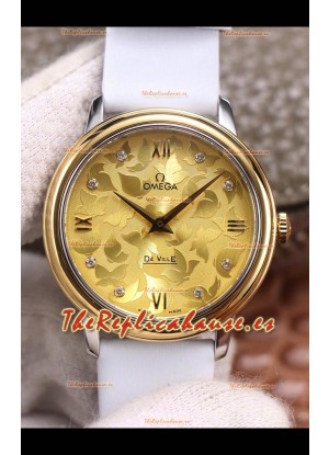 Omega De Ville Floral Dial Movimiento de Cuarzo Suizo Caja en Dos Tonos - Dial Oro