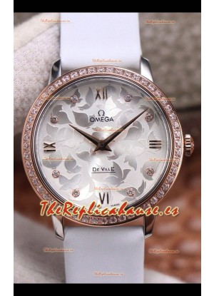 Omega De Ville Floral Dial Movimiento de Cuarzo Suizo Caja en Dos Tonos - Dial Acero