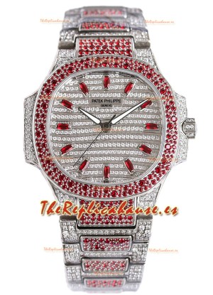 Patek Philippe Nautilus 7118R 35MM 1:1 Reloj con Diamantes Rojos Pavimentados en Caja Acero