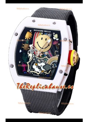 Richard Mille RM088 Reloj Réplica Tourbillon Smiley Caja Cerámica Blanca Correa Nylon