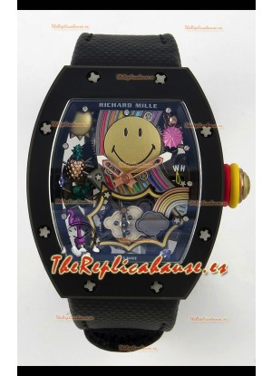 Richard Mille Super Clone RM088 Smiley Tourbillon Cerámica Negra Reloj Correa Velcro