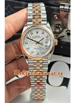 Réplica del Rolex Datejust Cal.3235 con Movimiento Super Clone Oro Rosado Dos Tonos, 36MM - Dial Plateado con Motivo Estriado