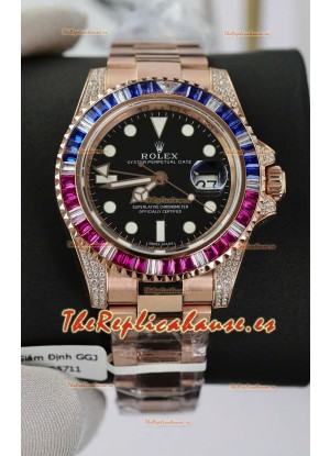 Reloj Rolex GMT Masters Super Clone Diamantes Suizos con Caja de Oro Rosado 904L - Calidad Espejo 1:1