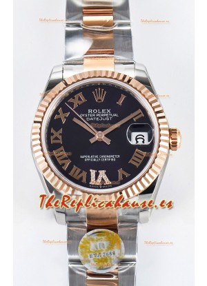 Rolex Super Clone Datejust ETA 2688 Movement 31MM Oro Rosado Dos Tonos Suizo Dial Negro