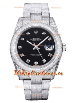 Rolex Datejust 41MM Réplica Suiza - Edición Iced Out en Dial Negro