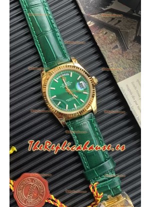 Rolex Day Date Reloj Caja Oro Amarillo en Correa Verde 36MM - Calidad Espejo 1:1
