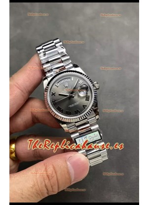 Rolex Day Date Super Clone Acero Inoxidable Dial Gris Reloj Numerales Romanos 36MM - 1:1 Calidad Espejo