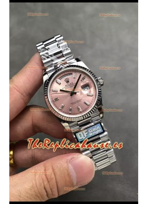Rolex Day Date Super Clone Acero Inoxidable Dial Rosa Reloj Marcadores Hora en Cristal 36MM - 1:1 Calidad Espejo