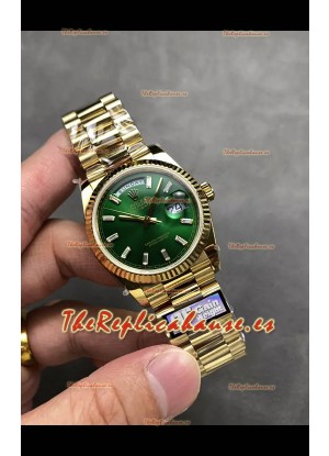 Rolex Day Date Super Clone Dial Oro Amarillo Dial Verde Reloj Marcadores Hora en Cristal 36MM - 1:1 Calidad Espejo
