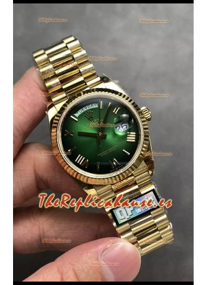 Rolex Day Date Super Clone Dial Oro Amarillo Dial Verde Reloj Numerales Romanos 36MM - 1:1 Calidad Espejo